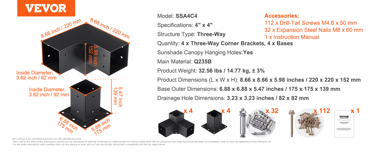 4x4,Pergola Bracket Kit,3-Way
