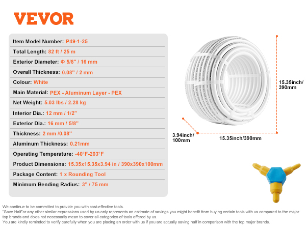 Vevor Pex Al Pex Tube M Mm Diameter Aluminum Plastic Composite Pipe Oxygen Barrier