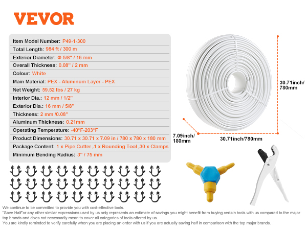 Vevor Pex Al Pex Tube 984ft 58 Diameter Aluminum Plastic Composite Pipe Oxygen Barrier 8599