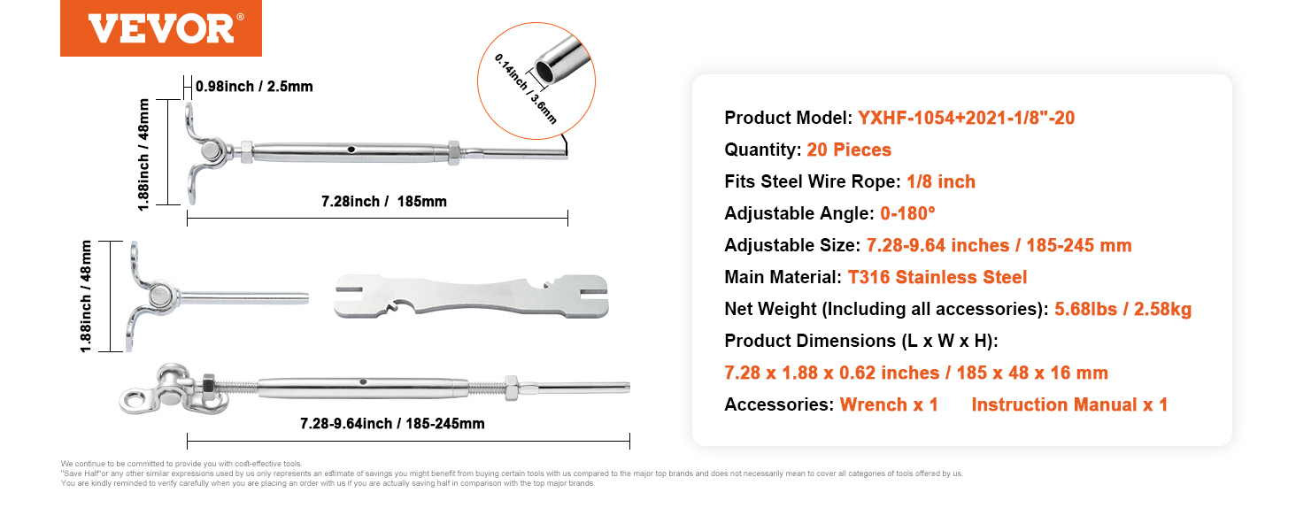 VEVOR T316 Nerezová ocel Nastavitelný úhel 3,2 mm Sada kabelového zábradlí / Hardware pro dřevěný sloupek, námořní třída pro 3,2 mm drátěné lano, úhel 0-180 stupňů a snadná instalace, stříbrná (20 balení)