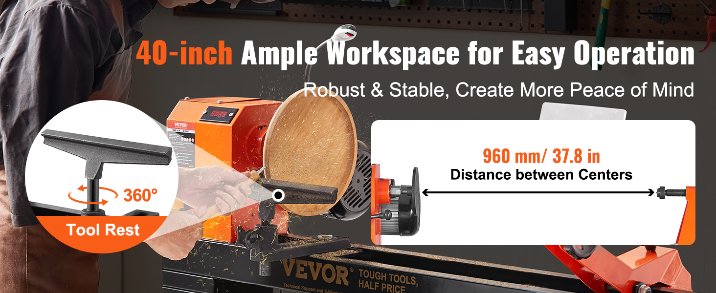 VEVOR Wood Lathe with Copy Attachment, 13.78 in x 37.8 in, 1 HP 750W