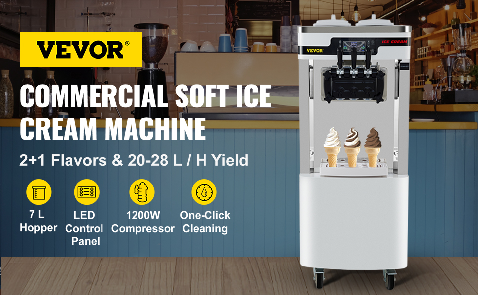 VEVOR Máquina para hacer helados comercial VEVOR, rendimiento de 20-28 l/h,  máquina de servicio suave de 2 + 1 sabores con dos tolvas de 7 l, cilindros  de 1,8 l que inflan