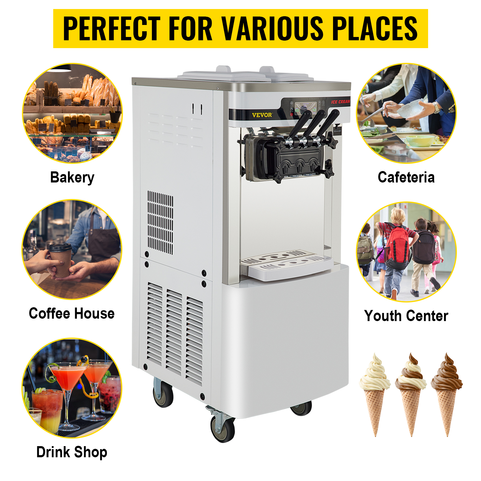 Commercial Ice Cream Machine with Two 12L Hoppers Soft Serve Machine with 3  Flavors Commercial Ice Cream Maker 2450W Compressor Soft Ice Cream Machine