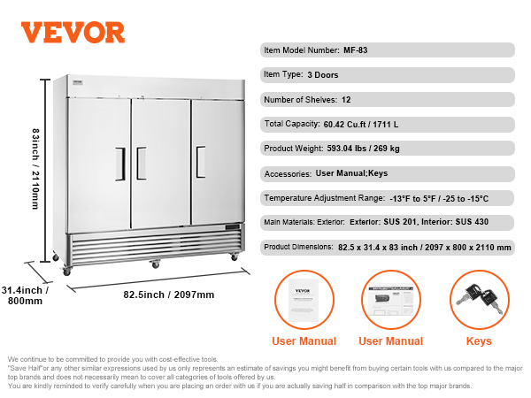 VEVOR Commercial Freezer 60.42 Cu.ft, Reach In 82.5" W Upright Freezer 3 Doors, Auto-Defrost Stainless Steel Reach-in Freezer with 12 Adjustable Shelves, -13 to 5℉ Temp Control, LED Lighting, 4 Wheels