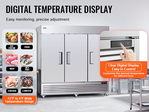 VEVOR Commercial Freezer 60.42 Cu.ft, Reach In 82.5" W Upright Freezer 3 Doors, Auto-Defrost Stainless Steel Reach-in Freezer with 12 Adjustable Shelves, -13 to 5℉ Temp Control, LED Lighting, 4 Wheels
