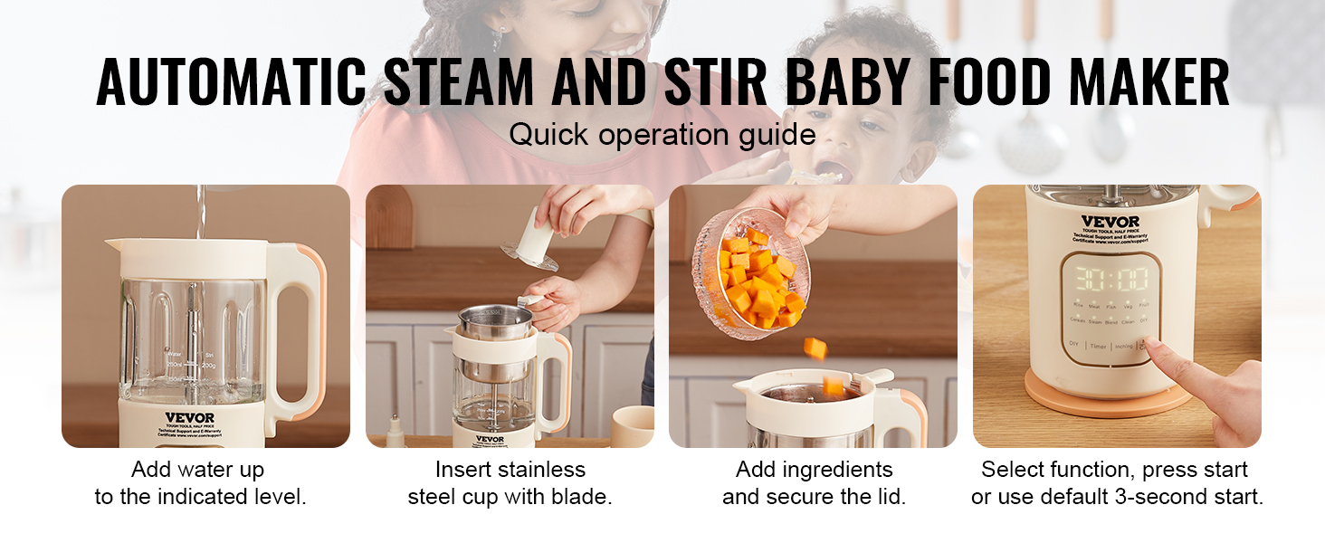 VEVOR Baby Food Maker 500W Baby Food Processor with 300 ml Glass Bowl SUS304 Stainless Steel 4-Blade Baby Food Puree Blender Steamer Grinder for