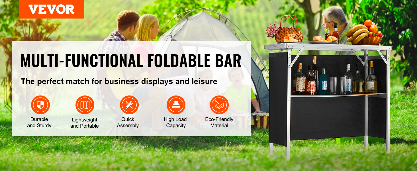 VEVOR portable bar table in a park setting with drinks and snacks, highlighting its multi-functional use.