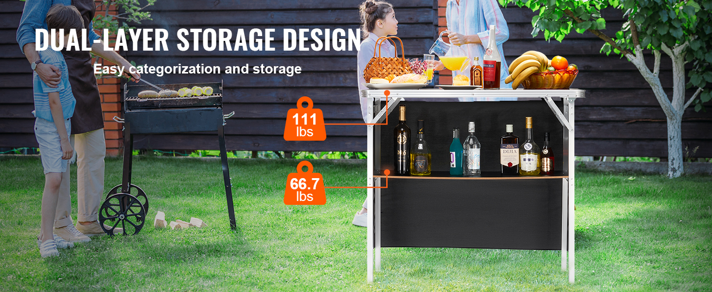 VEVOR portable bar table with dual-layer storage, perfect for organizing drinks and food outdoors.