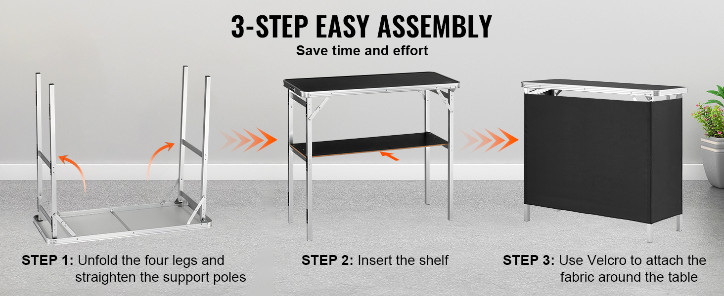 3-step assembly guide for VEVOR portable bar table: unfold legs, insert shelf, attach fabric with velcro.