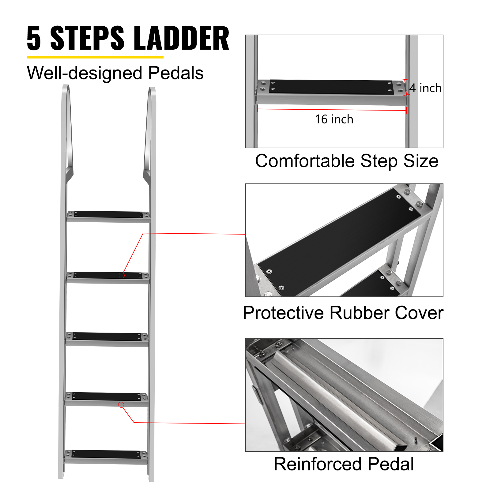 VEVOR Removable Dock Ladder with Rubber Mat, Pontoon Boat Ladder
