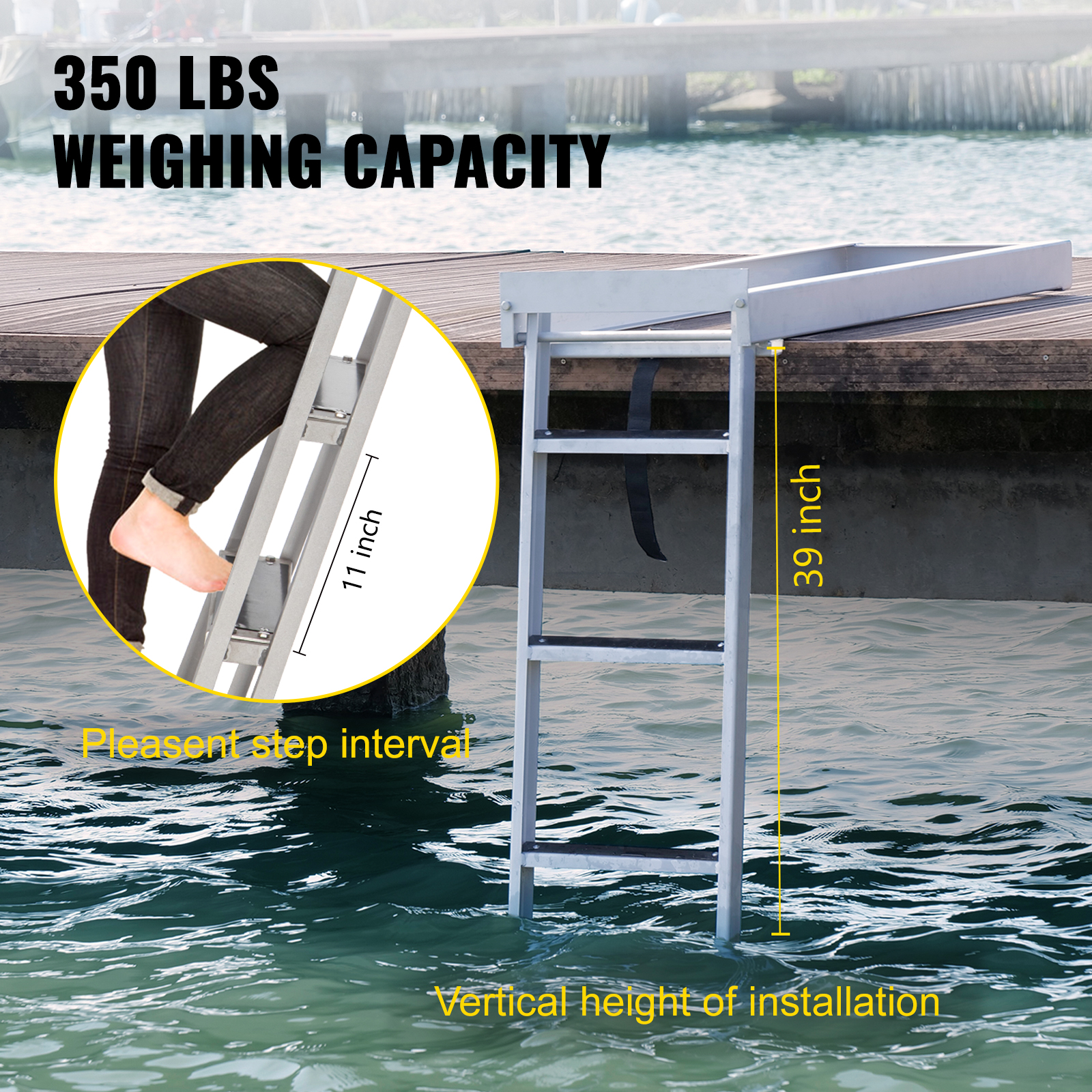 VEVOR 4 Steps Aluminum Dock Ladder, Boat Dock Ladder, 14Inch Wide Step