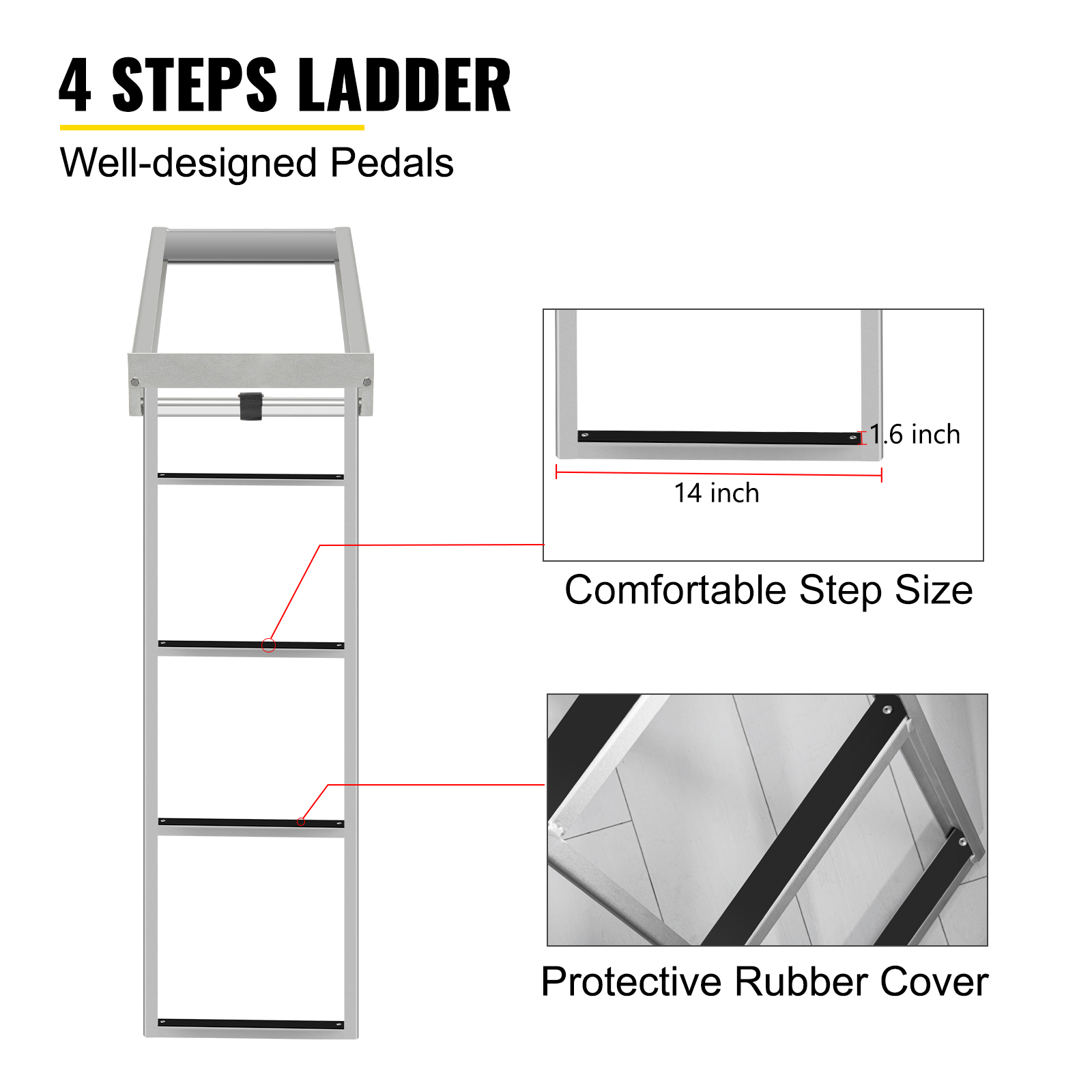 VEVOR 4 Steps Aluminum Dock Ladder, Boat Dock Ladder, 14Inch Wide Step