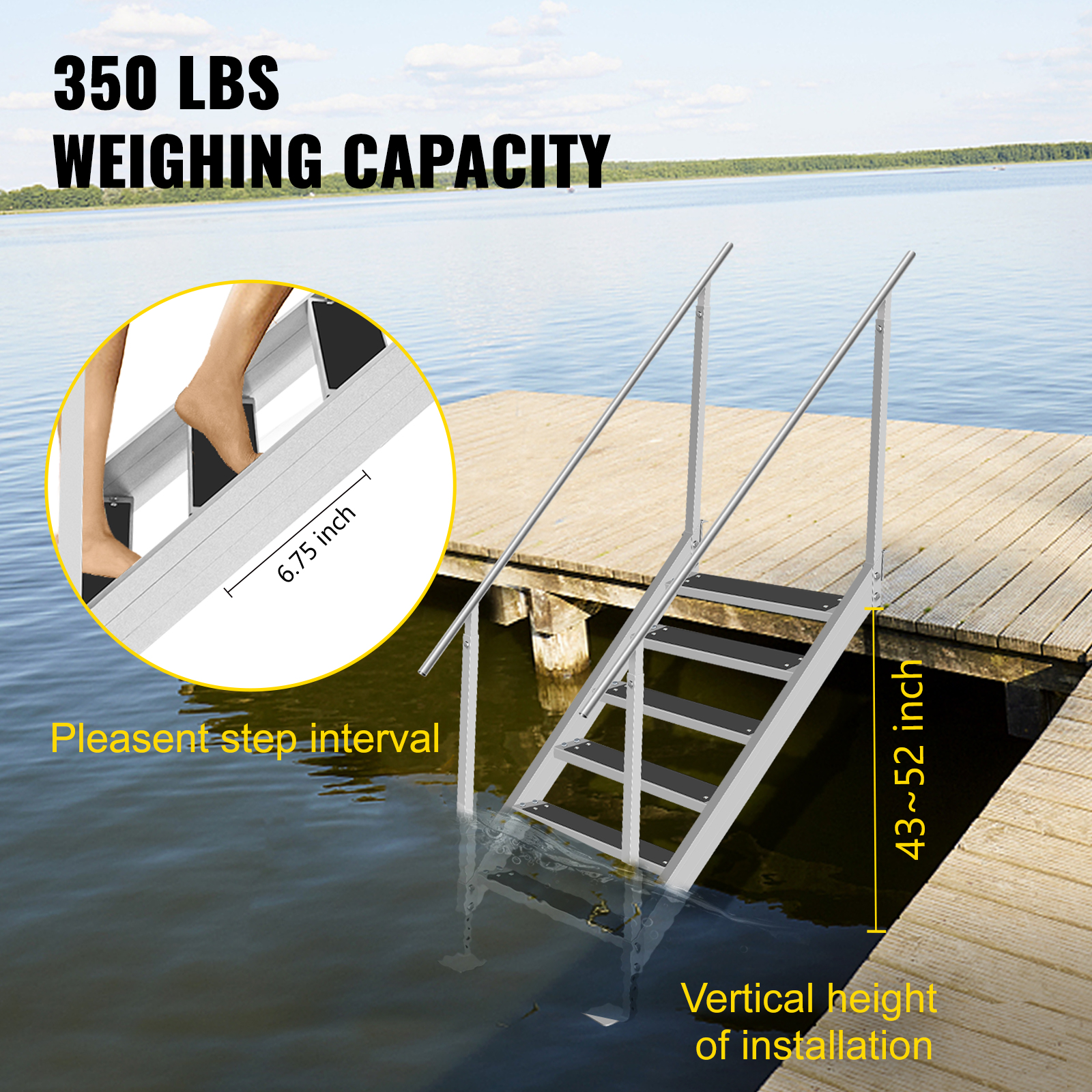 VEVOR 6 Steps Aluminum Dock Ladder, Boat Dock Ladder 22Inch Wide Step