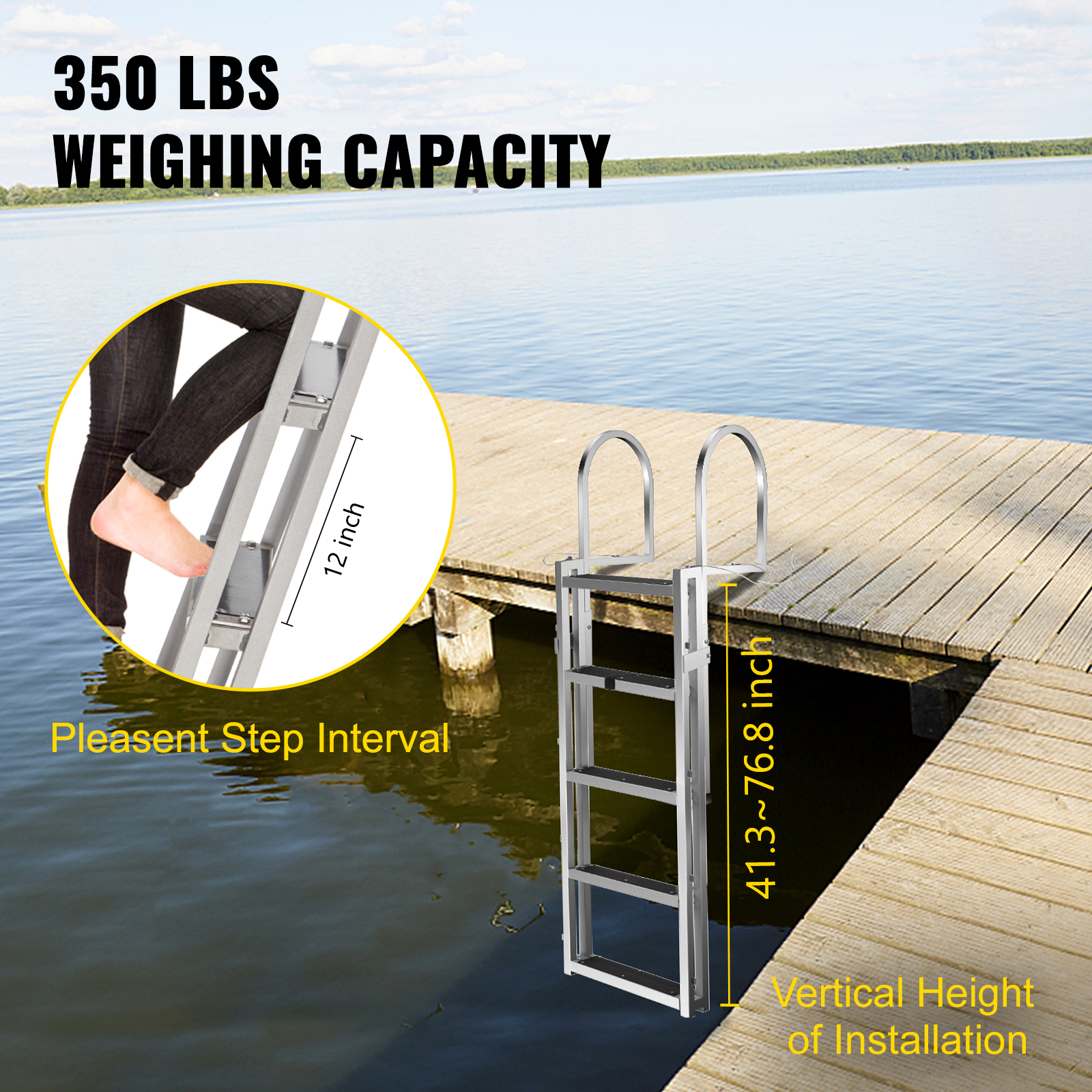 VEVOR Dock Ladder, Retractable 5 Steps, 350 lbs Load Capacity, Aluminum Alloy Pontoon Boat Ladder with 66.9''-78.9'' Adjustable