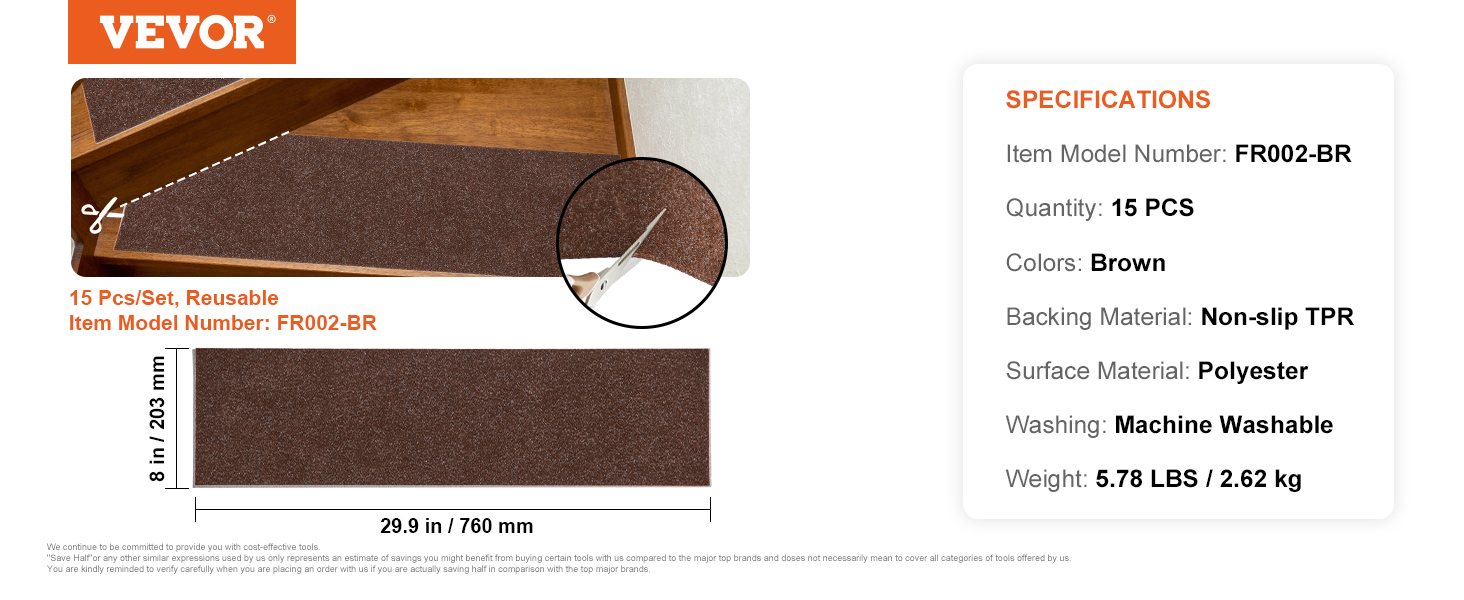 Peldaños de alfombra para escaleras, marrón, 30x8 pulgadas