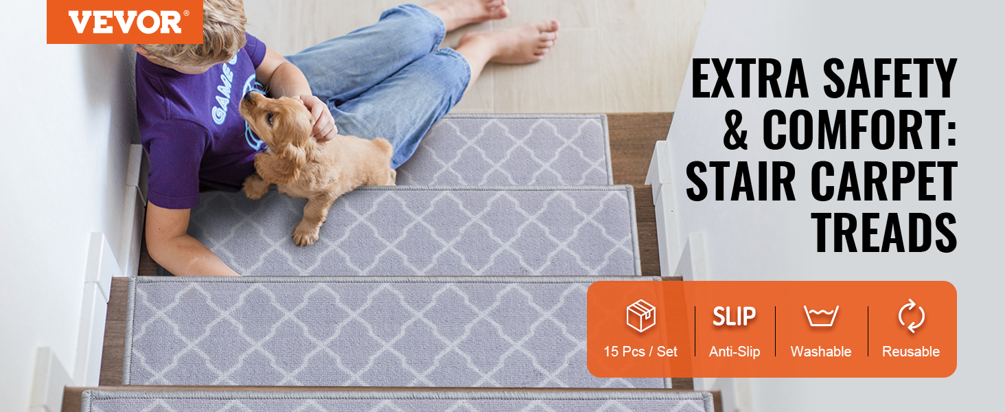 thumbnail image 2 of VEVOR 15-Pack Brown Stair Treads Indoor Carpet Rugs - 9 X 28 Inches, Non-Slip Mats 2 of 5