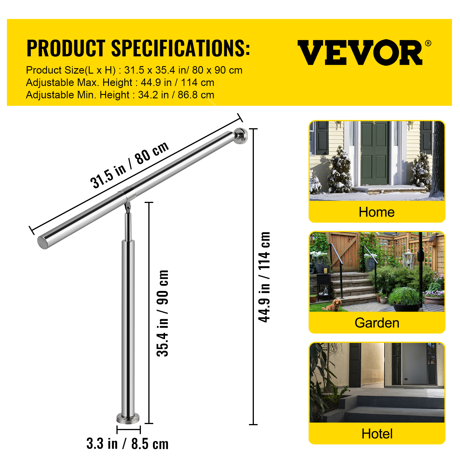 VEVOR Stair Handrail 1-3 Steps Railing Step Hand Rail Steel/ Metal for Porch - Picture 9 of 62