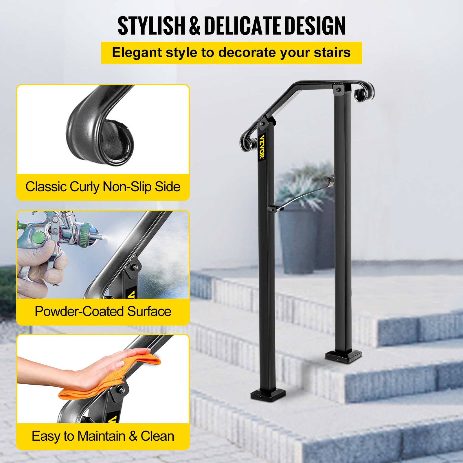 VEVOR Wrought Iron Handrail For 1 to 5 Steps Adjustable Safety Outdoor Handrail - Picture 8 of 134