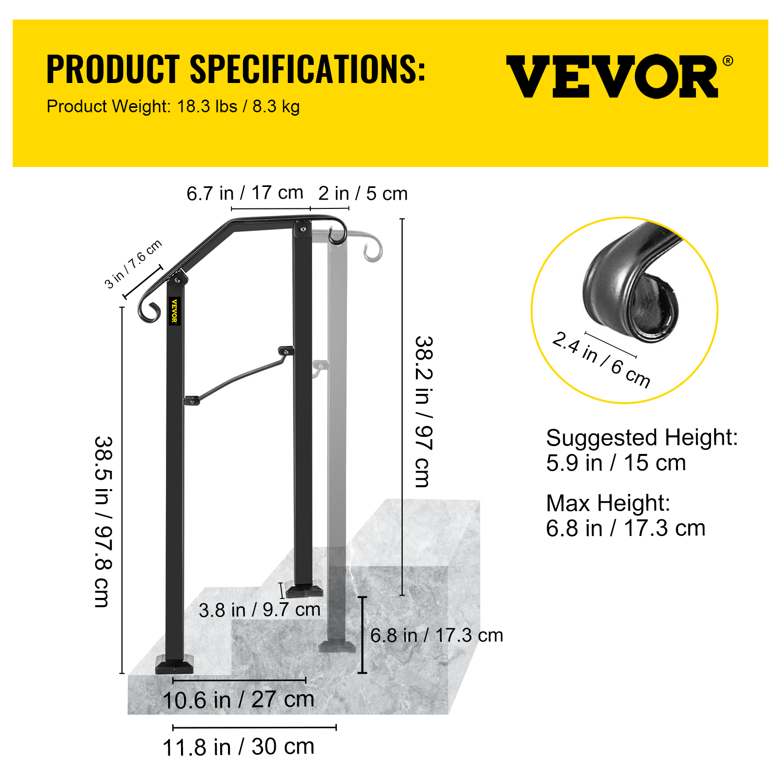 VEVOR Wrought Iron Handrail For 1 to 5 Steps Adjustable Safety Outdoor Handrail - Picture 9 of 134