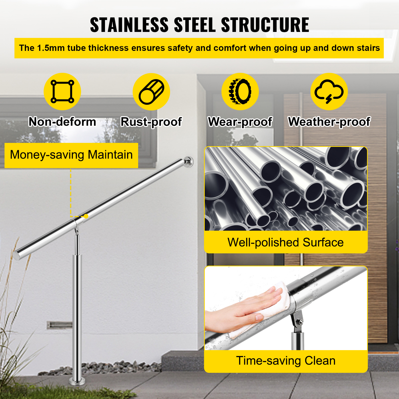 VEVOR Stair Handrail 1-3 Steps Railing Step Hand Rail Steel/ Metal for Porch - Picture 18 of 62