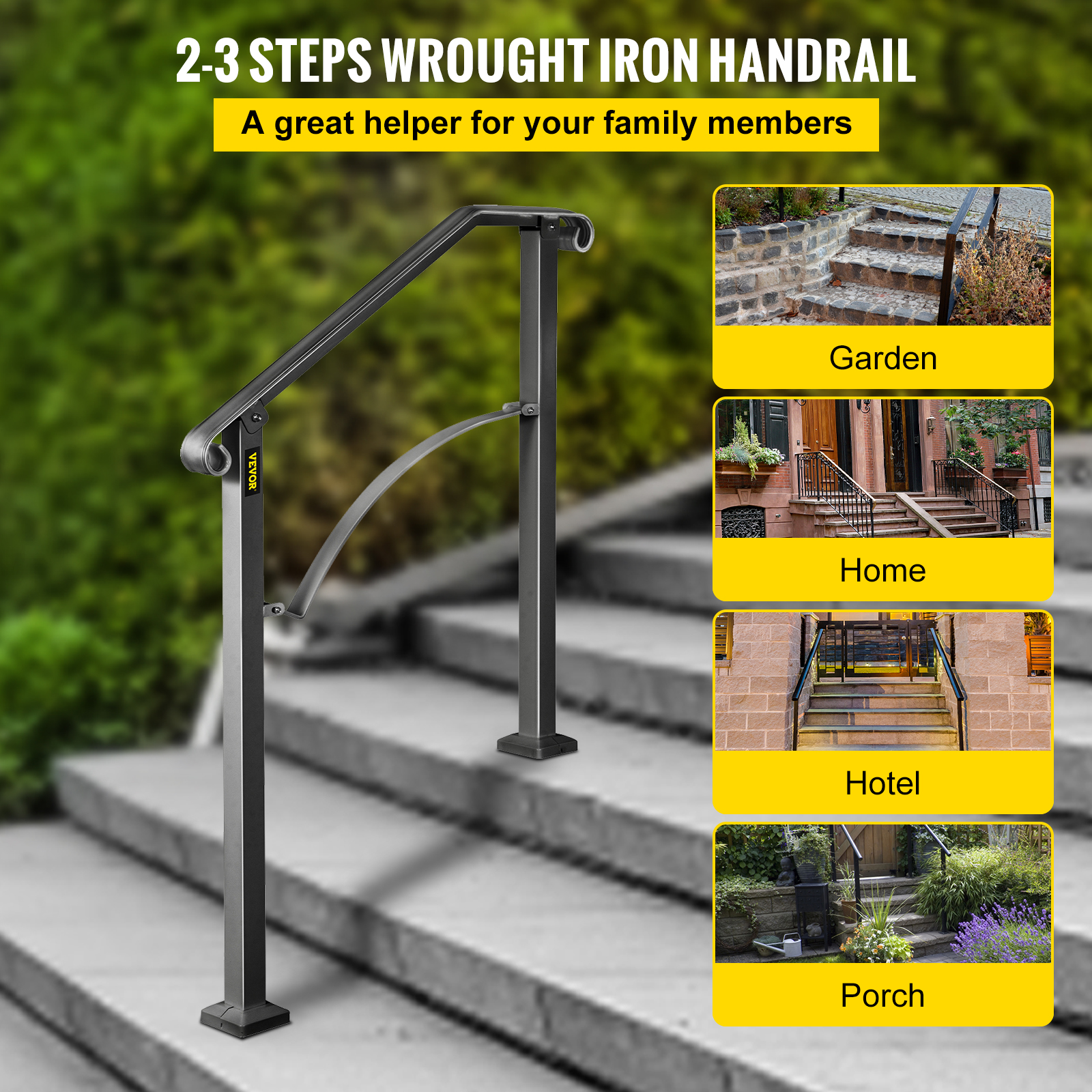 VEVOR Wrought Iron Handrail For 1 to 5 Steps Adjustable Safety Outdoor Handrail - Picture 28 of 134