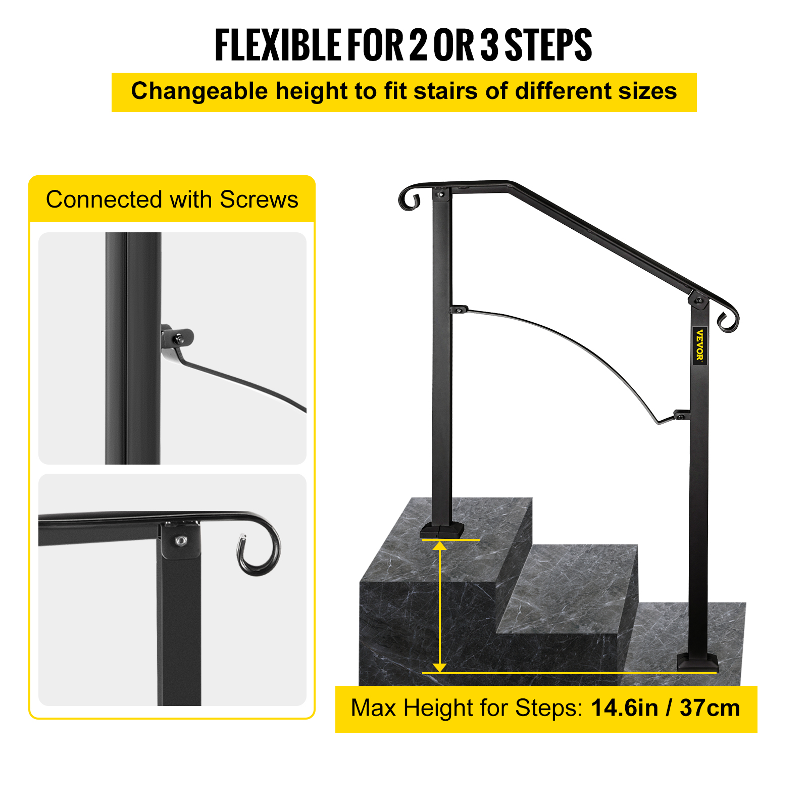 VEVOR Wrought Iron Handrail For 1 to 5 Steps Adjustable Safety Outdoor Handrail - Picture 29 of 134