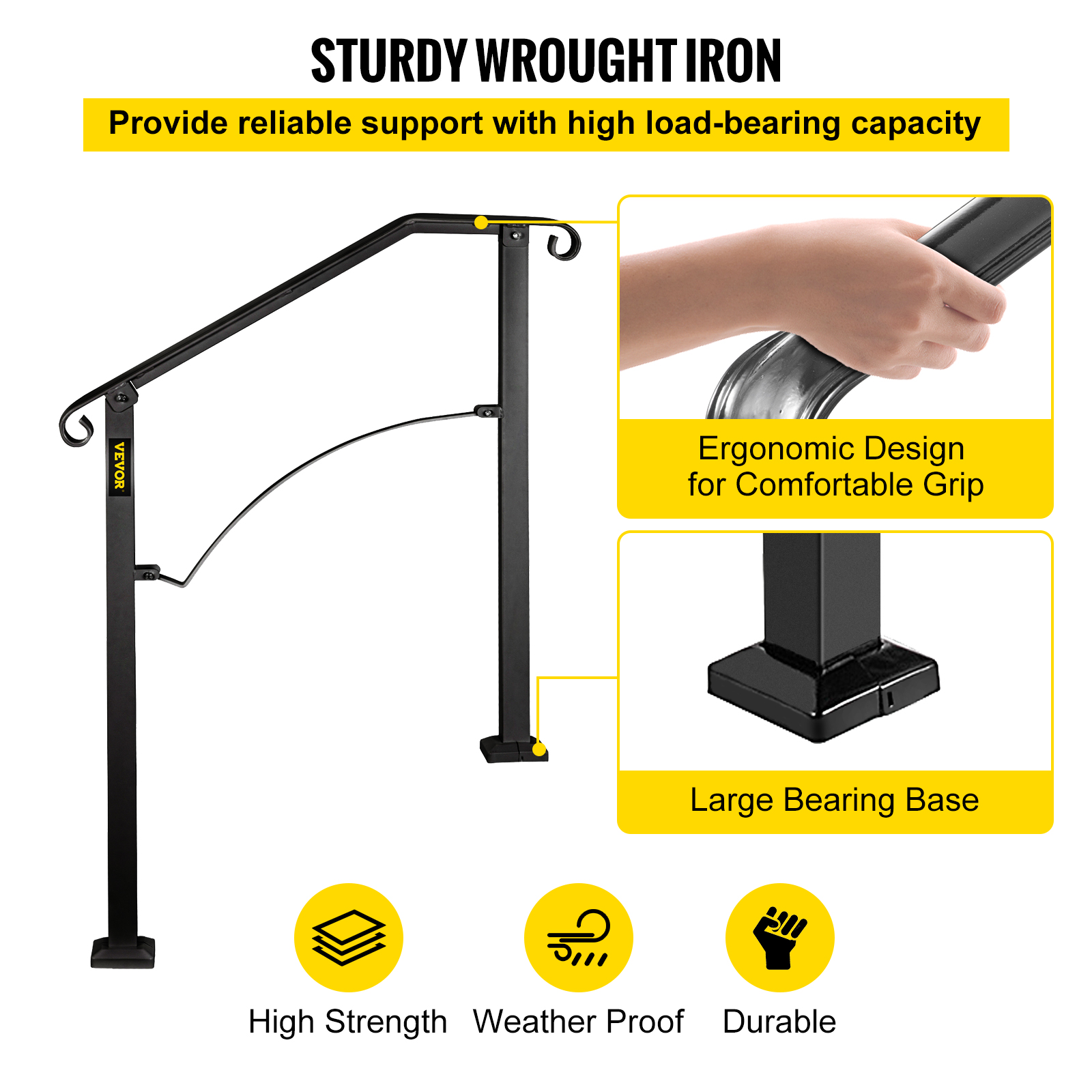 VEVOR Wrought Iron Handrail For 1 to 5 Steps Adjustable Safety Outdoor Handrail - Picture 30 of 134