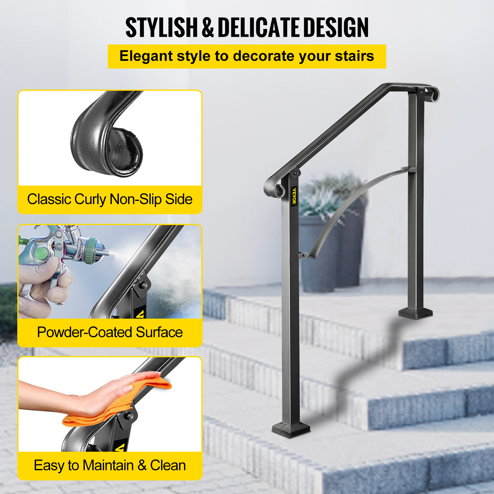 VEVOR Wrought Iron Handrail For 1 to 5 Steps Adjustable Safety Outdoor Handrail - Picture 32 of 134