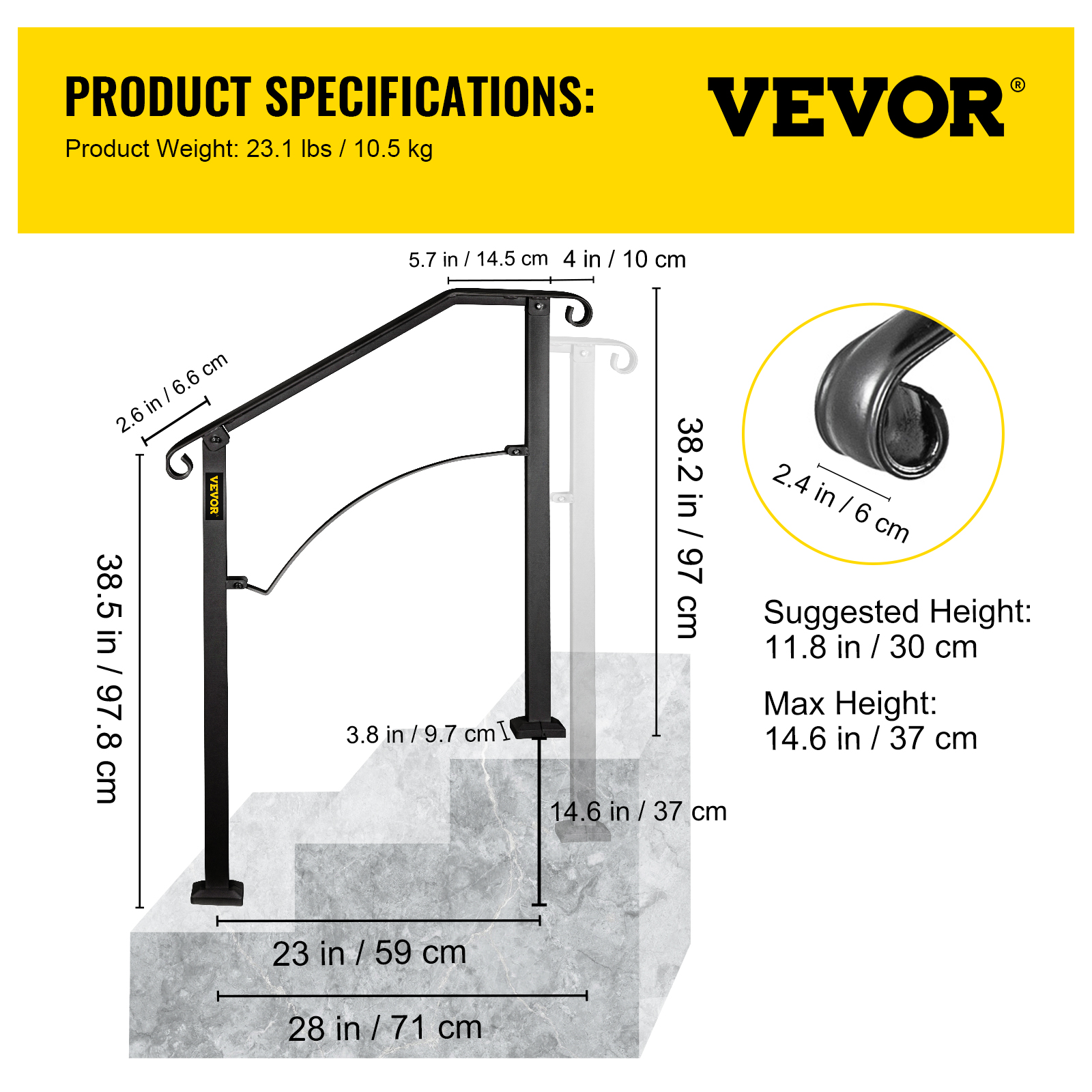 VEVOR Wrought Iron Handrail For 1 to 5 Steps Adjustable Safety Outdoor Handrail - Picture 33 of 134