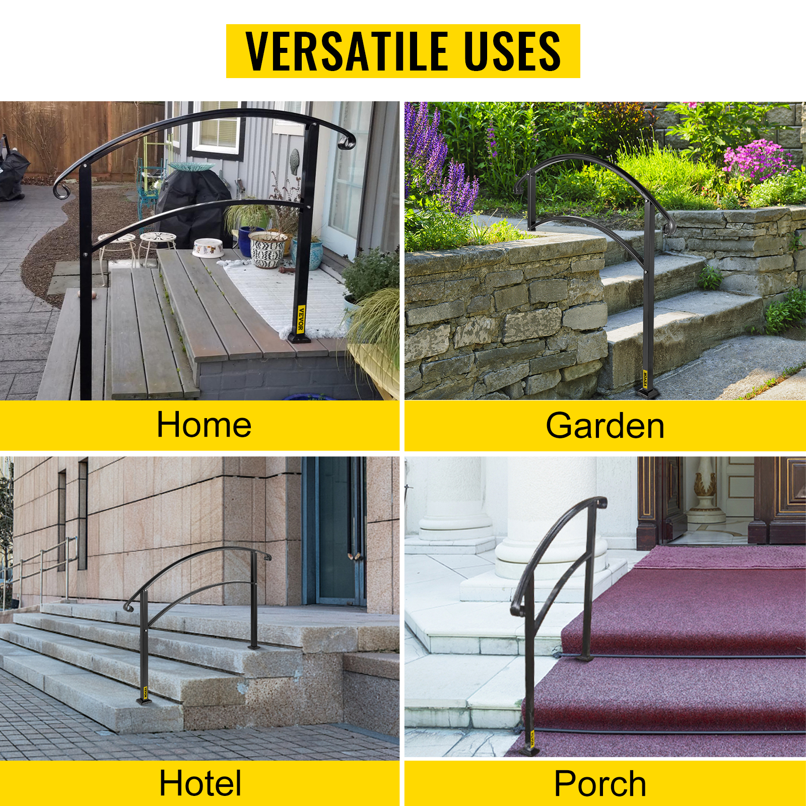 VEVOR Iron Handrail Stair Railing 1 or 3 Steps Adjustable Matte Black ...