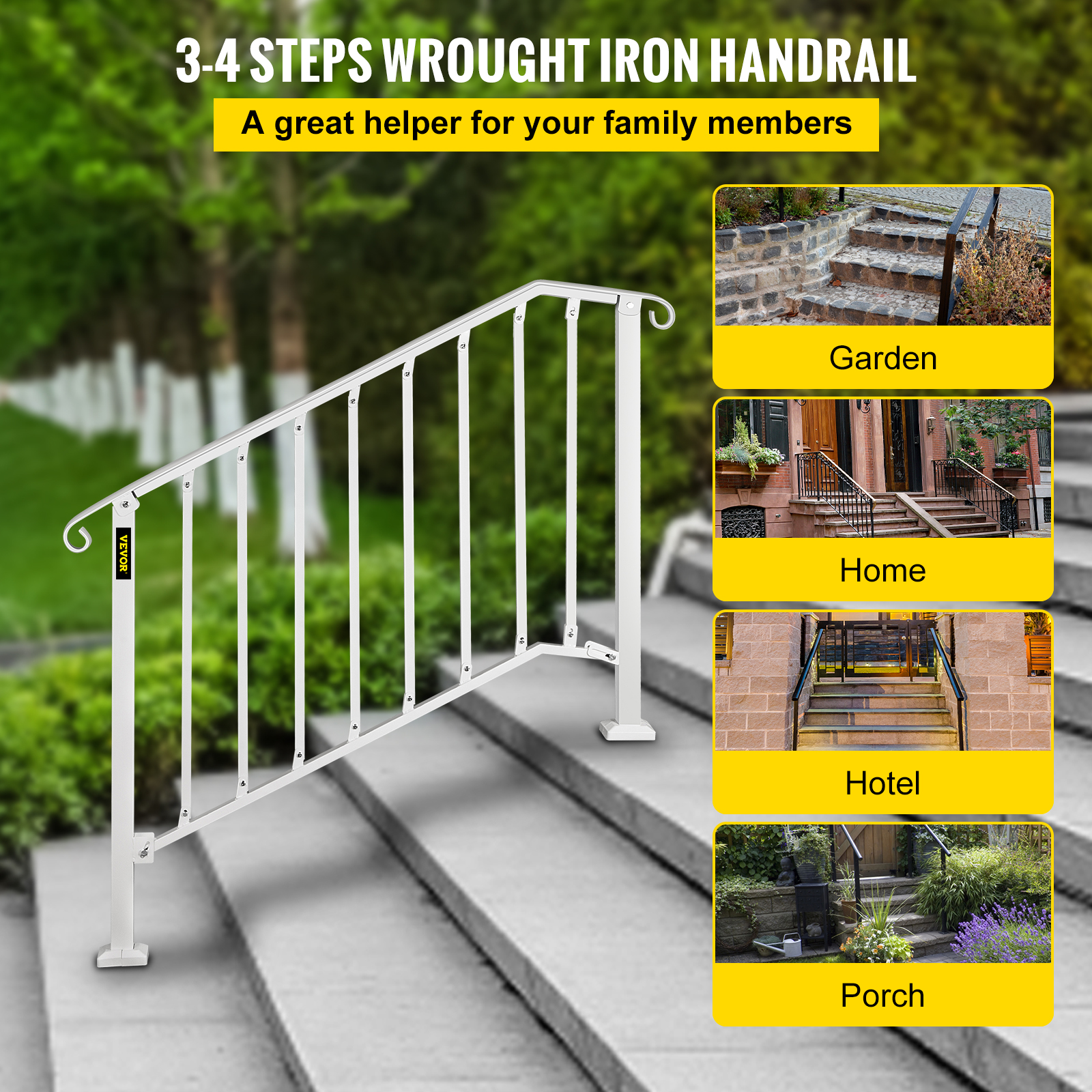 VEVOR Wrought Iron Handrail For 1 to 5 Steps Adjustable Safety Outdoor Handrail - Picture 124 of 134