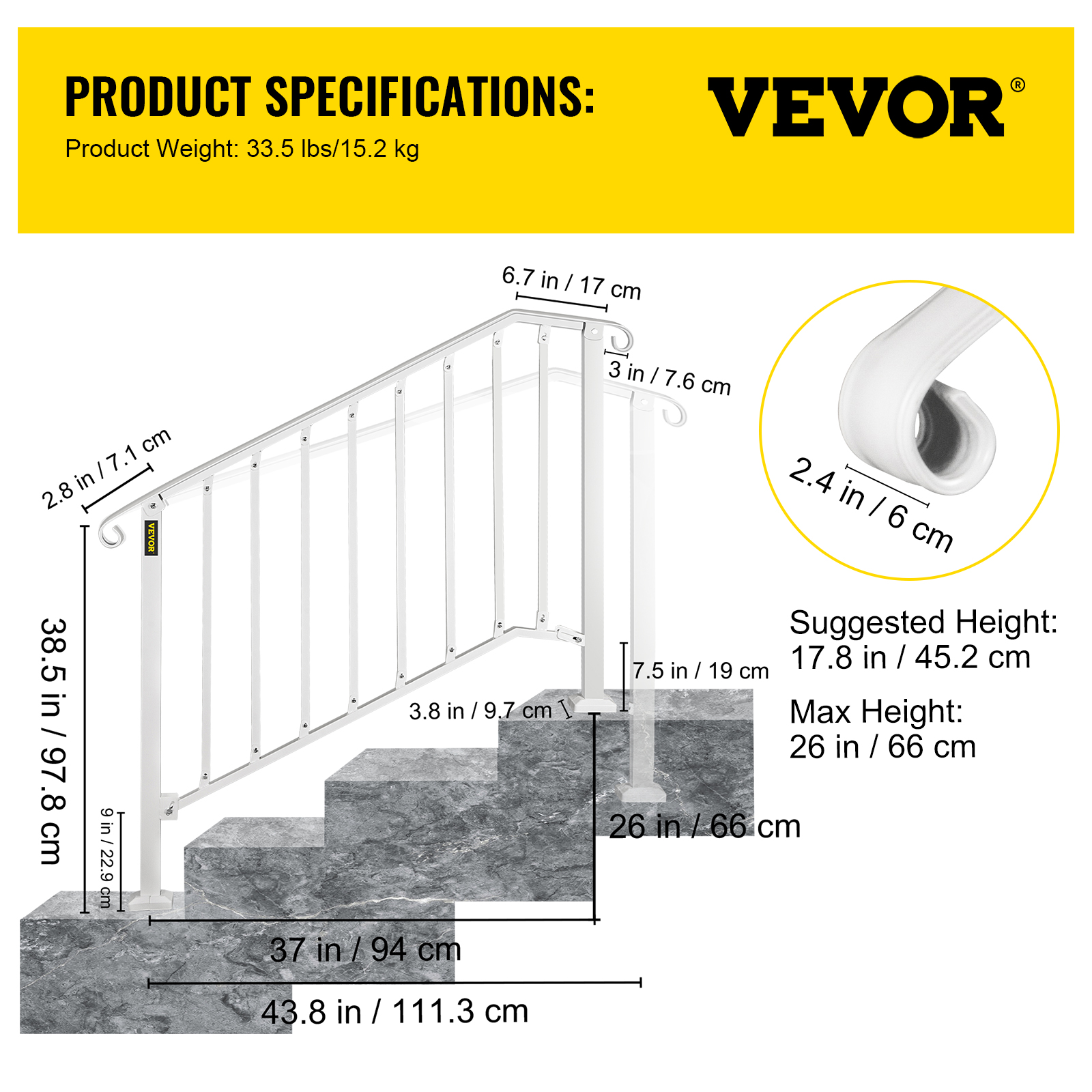 VEVOR Wrought Iron Handrail For 1 to 5 Steps Adjustable Safety Outdoor Handrail - Picture 129 of 134