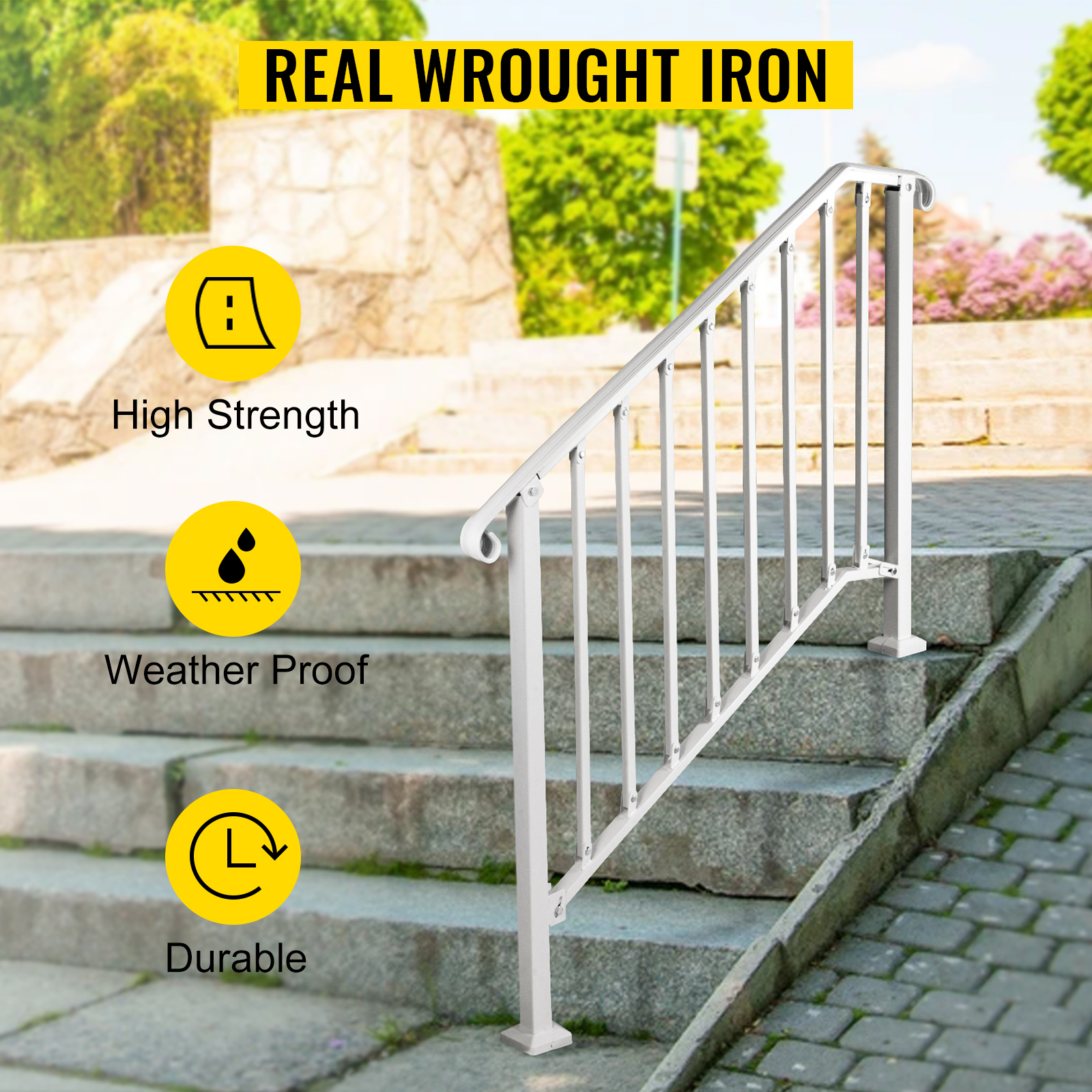 VEVOR 3 ft. Handrails for Outdoor Steps Fit 3 or 4 Steps Outdoor Stair  Railing Wrought Iron Handrail with baluster, Black LTFS3H4BHSTL00001V0 -  The
