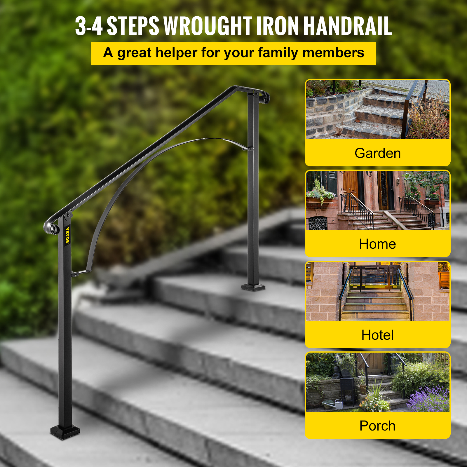 VEVOR Wrought Iron Handrail For 1 to 5 Steps Adjustable Safety Outdoor Handrail - Picture 52 of 134