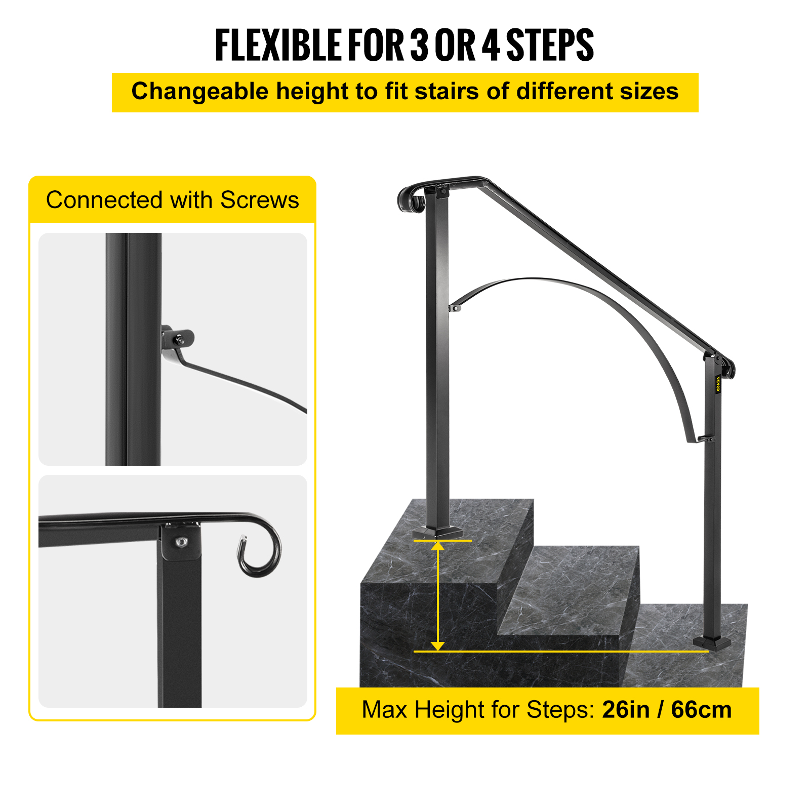VEVOR Wrought Iron Handrail For 1 to 5 Steps Adjustable Safety Outdoor Handrail - Picture 53 of 134