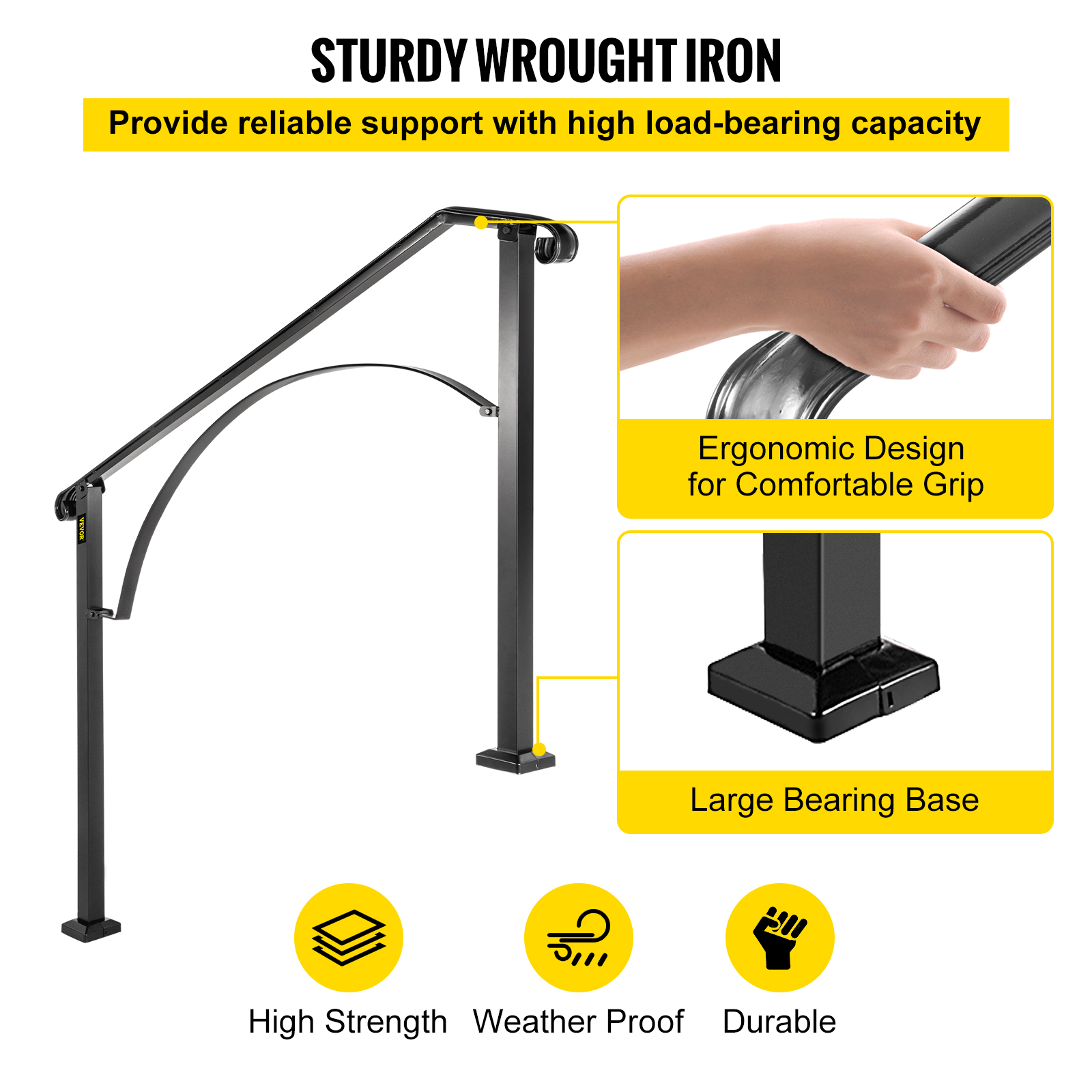 VEVOR Wrought Iron Handrail For 1 to 5 Steps Adjustable Safety Outdoor Handrail - Picture 54 of 134