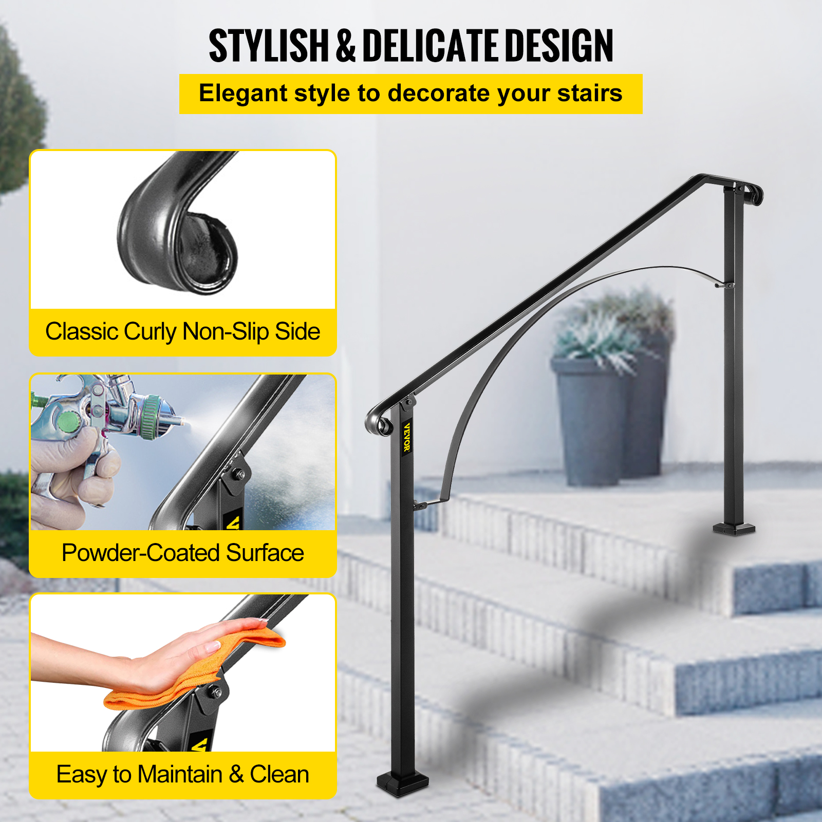 VEVOR Wrought Iron Handrail For 1 to 5 Steps Adjustable Safety Outdoor Handrail - Picture 56 of 134