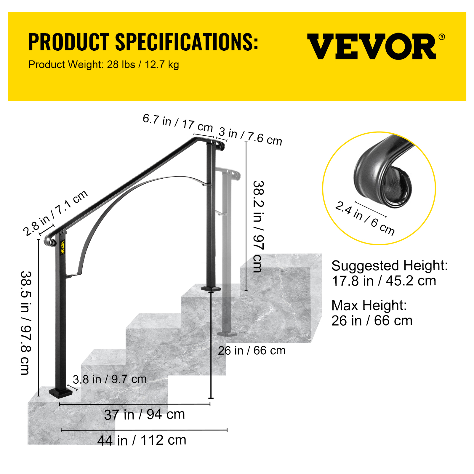 VEVOR Wrought Iron Handrail For 1 to 5 Steps Adjustable Safety Outdoor Handrail - Picture 57 of 134