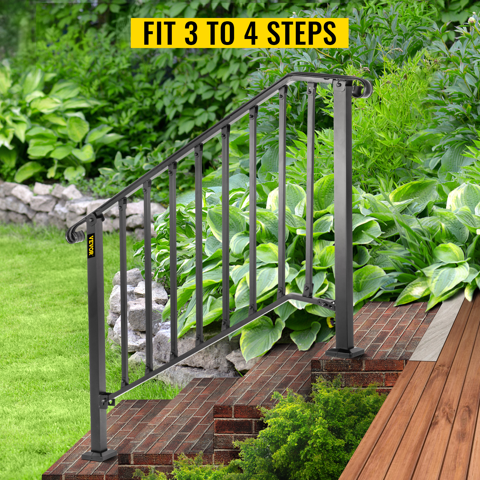 VEVOR 3 ft. Handrails for Outdoor Steps Fit 3 or 4 Steps Outdoor Stair  Railing Wrought Iron Handrail with baluster, Black LTFS3H4BHSTL00001V0 -  The