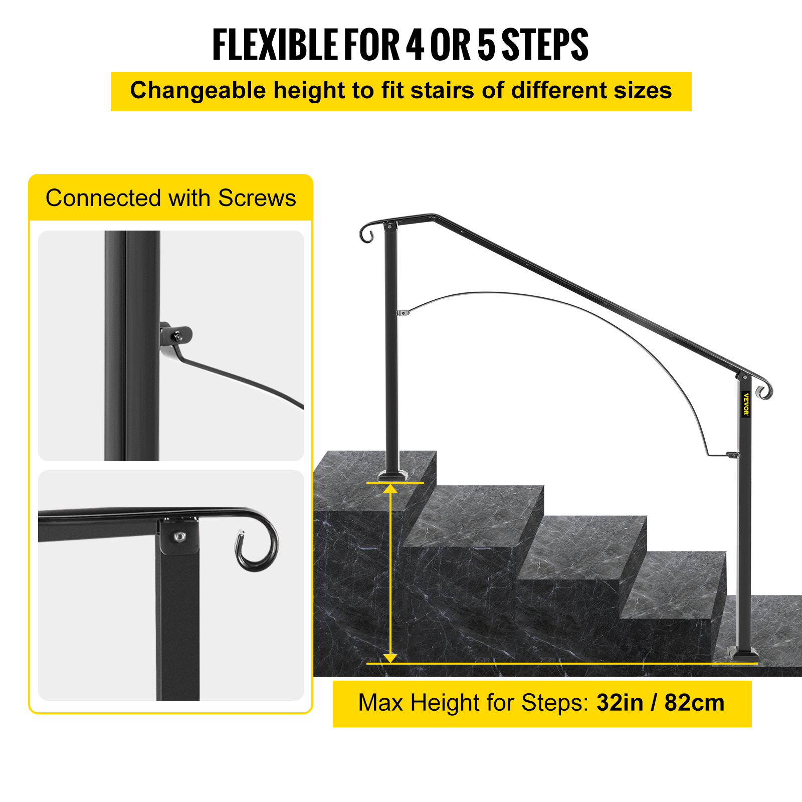 VEVOR Wrought Iron Handrail For 1 to 5 Steps Adjustable Safety Outdoor Handrail - Picture 77 of 134