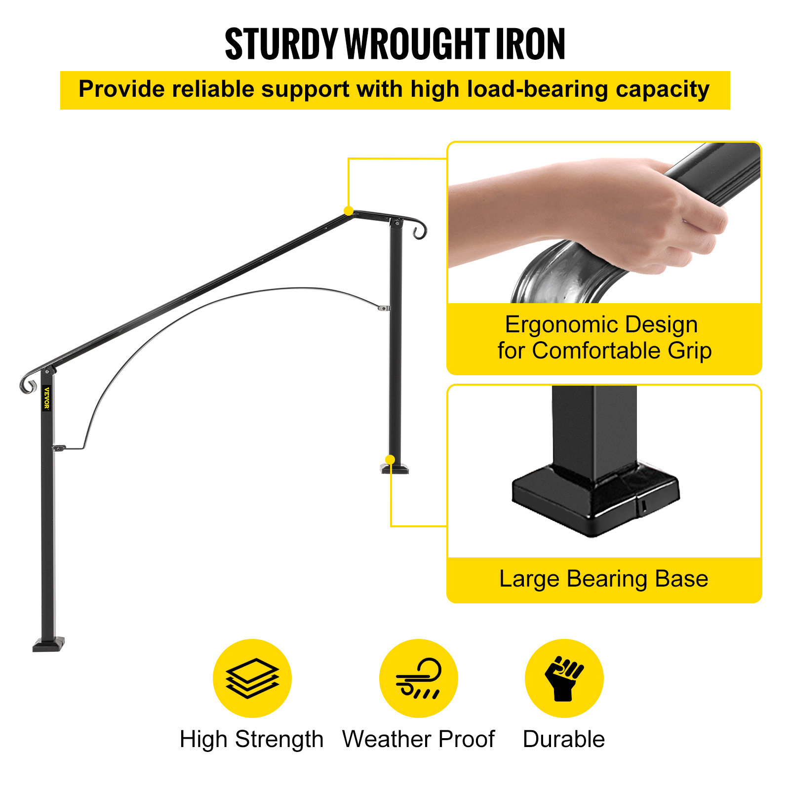 VEVOR Wrought Iron Handrail For 1 to 5 Steps Adjustable Safety Outdoor Handrail - Picture 78 of 134
