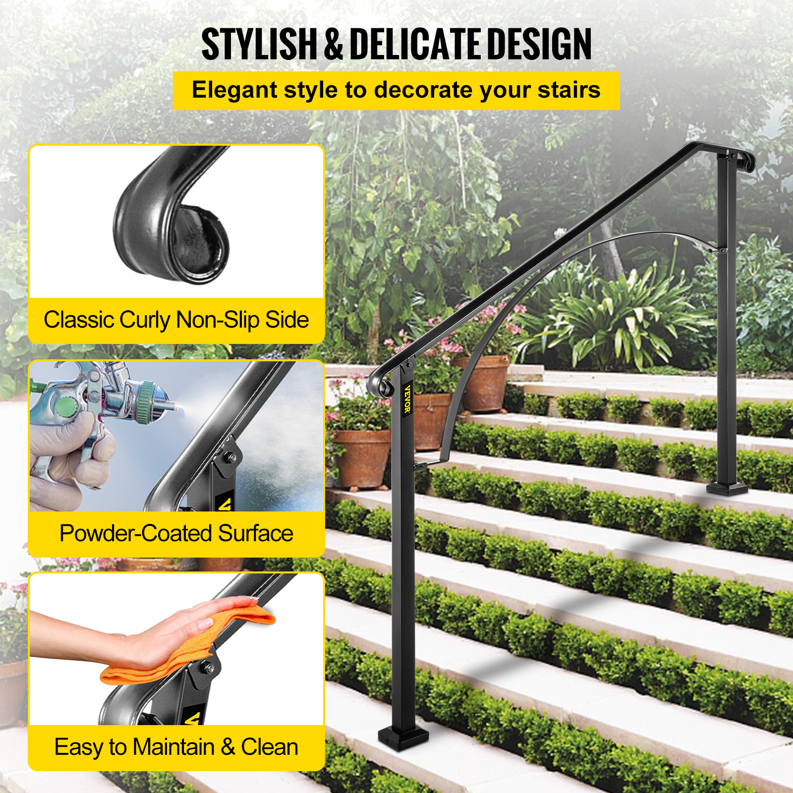VEVOR Wrought Iron Handrail For 1 to 5 Steps Adjustable Safety Outdoor Handrail - Picture 80 of 134