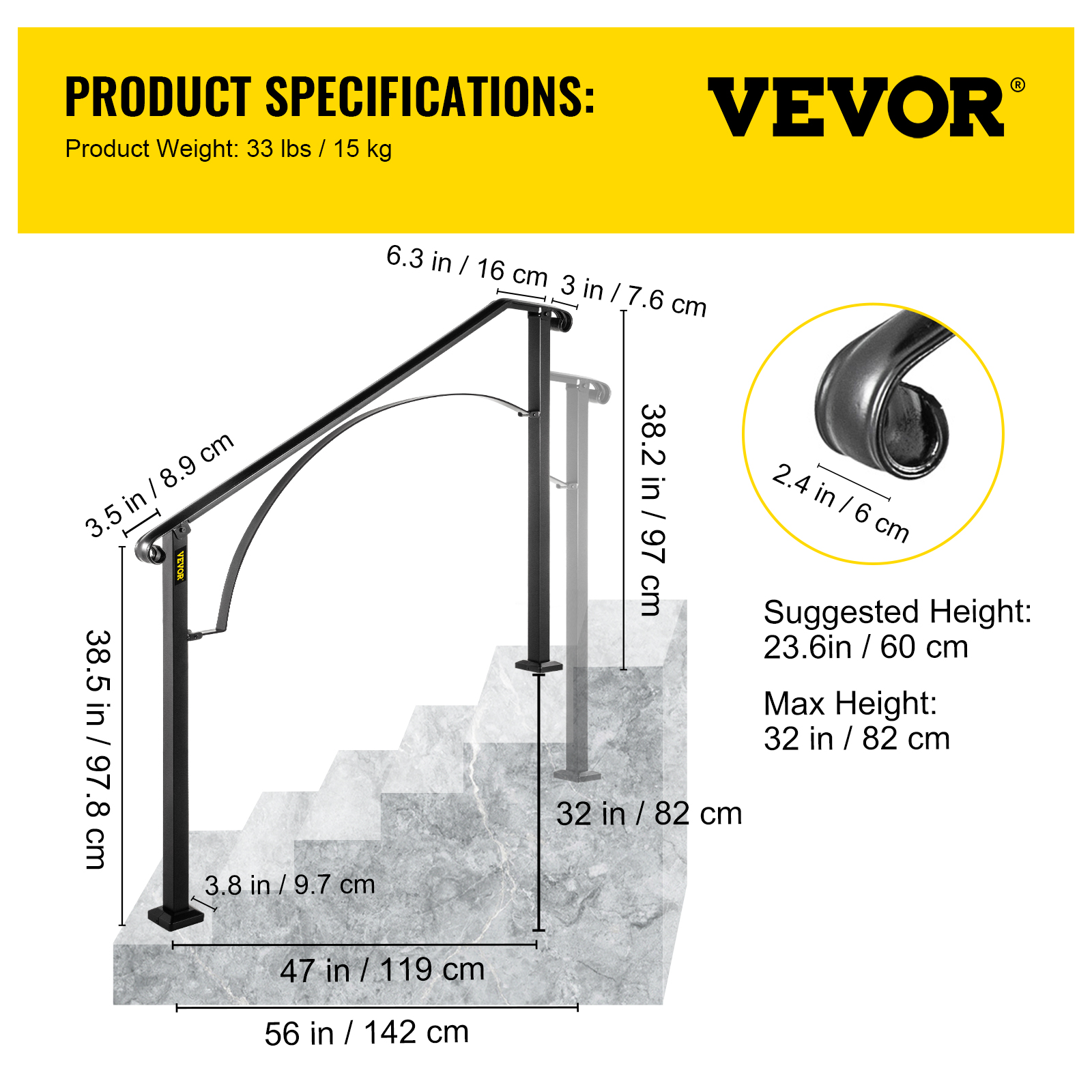 VEVOR Wrought Iron Handrail For 1 to 5 Steps Adjustable Safety Outdoor Handrail - Picture 81 of 134