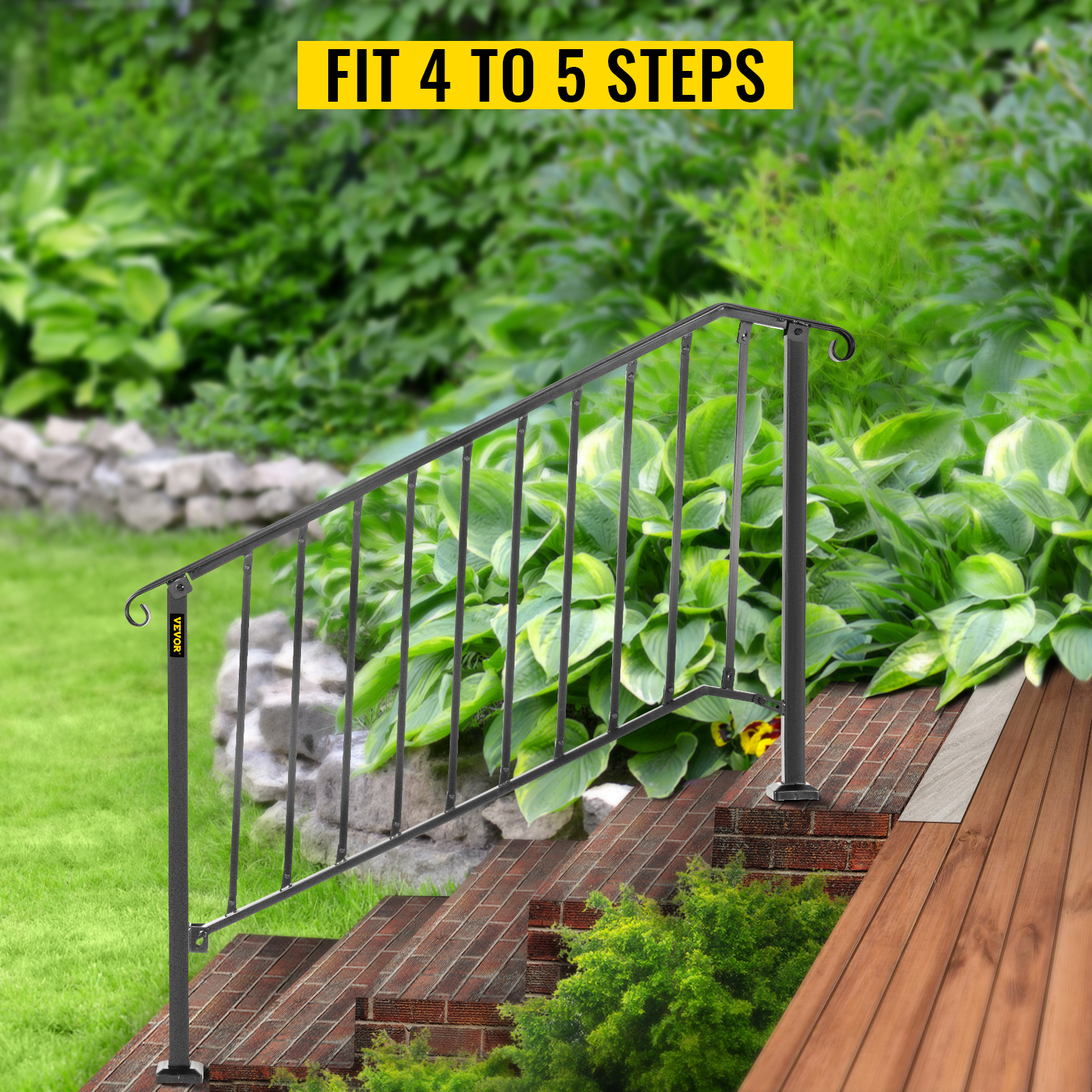 VEVOR 4 ft. Handrails for Outdoor Steps Fit 4 or 5 Steps Outdoor Stair  Railing Wrought Iron Handrail with baluster, Black LTFS4H5BHSTL00001V0 -  The