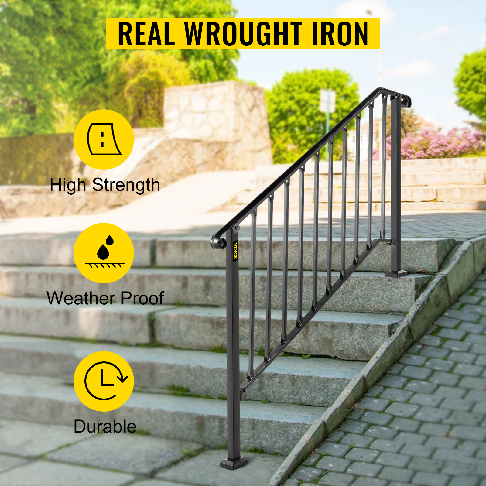 4 ft. Handrails for Outdoor Steps Fit 4 or 5 Steps Outdoor Stair Railing  Wrought Iron Handrail with baluster, Black