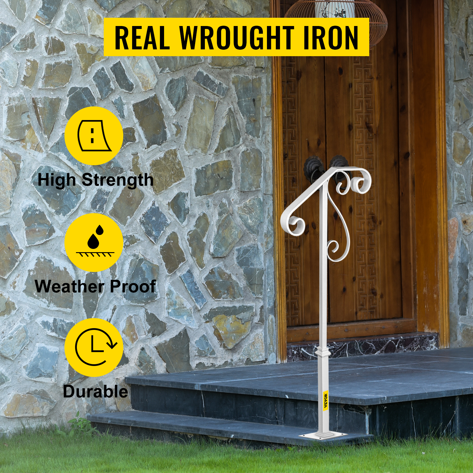 VEVOR Handrails for Outdoor Steps, Fit 1 or 2 Steps Outdoor Stair Railing, Single Post Wrought Iron Handrail Flower Design, White Porch Railings for Concrete Steps or Wooden Stairs with Base