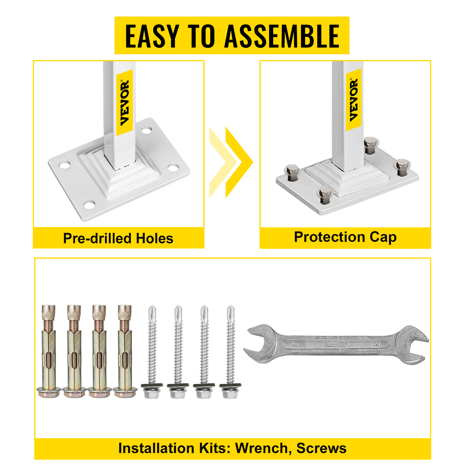VEVOR Handrails for Outdoor Steps, Fit 1 or 2 Steps Outdoor Stair Railing, Single Post Wrought Iron Handrail Flower Design, White Porch Railings for Concrete Steps or Wooden Stairs with Base