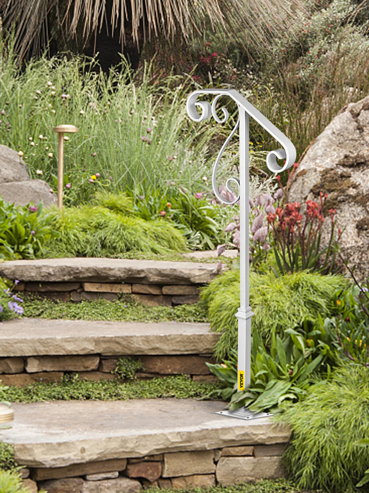 VEVOR Handrails for Outdoor Steps, Fit 1 or 2 Steps Outdoor Stair Railing, Single Post Wrought Iron Handrail Flower Design, White Porch Railings for Concrete Steps or Wooden Stairs with Base