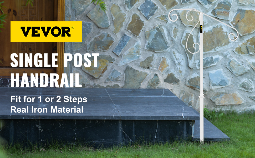 VEVOR Handrails for Outdoor Steps, Fit 1 or 2 Steps Outdoor Stair Railing, Single Post Wrought Iron Handrail Flower Design, White Porch Railings for Concrete Steps or Wooden Stairs Without Base