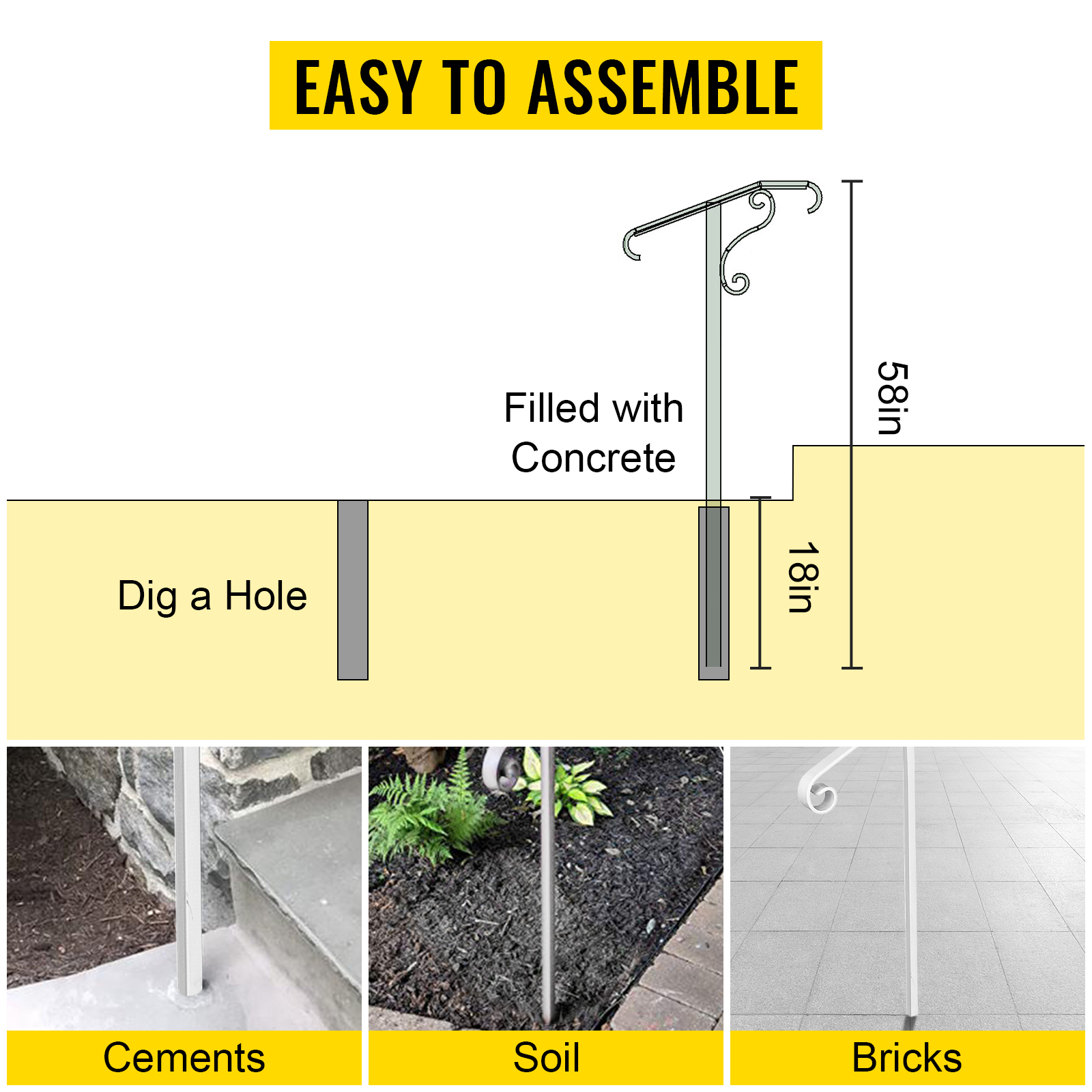 VEVOR Handrails for Outdoor Steps, Fit 1 or 2 Steps Outdoor Stair Railing, Single Post Wrought Iron Handrail Flower Design, White Porch Railings for Concrete Steps or Wooden Stairs Without Base